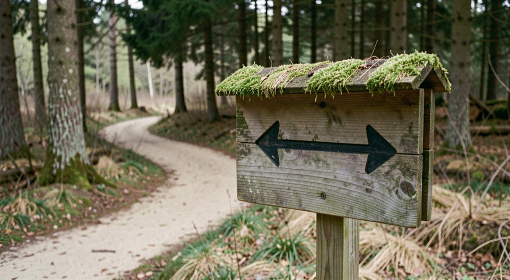 Houten bord met een pijl langs een zandpad aan de rand van een bos, met mos op de bovenkant van het bord.