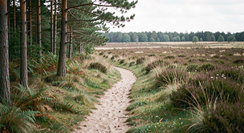 Overzicht van een bosrand die overgaat in een open heideveld, met een smal zandpad dat de grens tussen beide volgt.