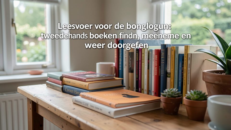 Stapel tweedehands romans met vervaagde kaften op een houten vensterbank, met uitzicht op berken in zacht licht.