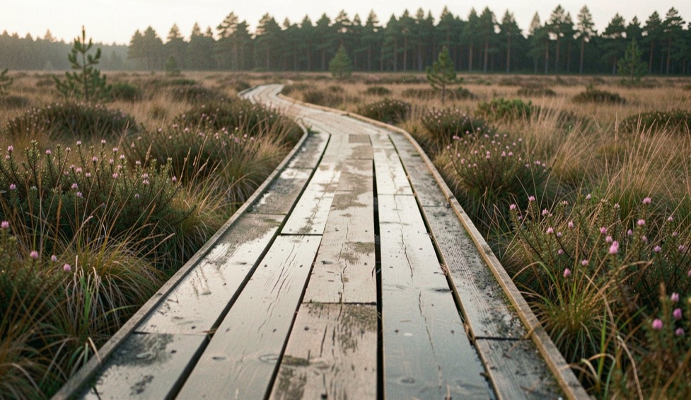 Houten vlonderpad dat door een natte heide met roze bloeiende heide en hoge grassen naar een rand van dennenbos loopt, in zacht ochtendlicht.