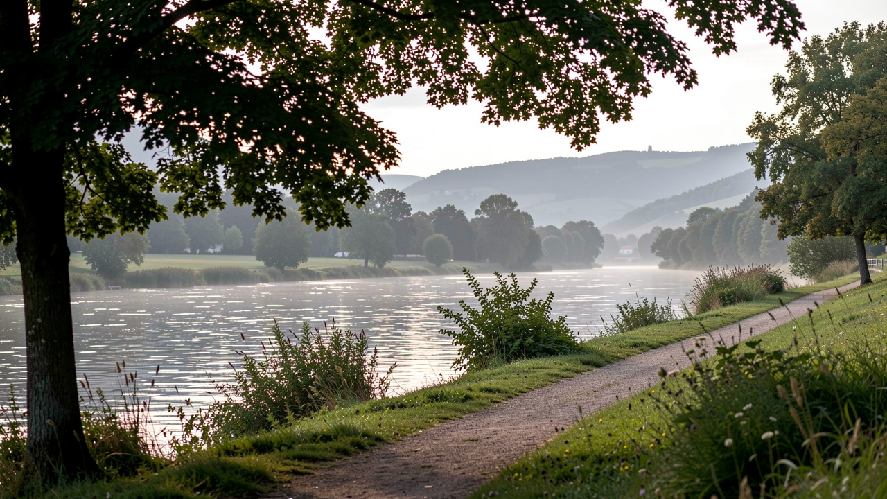 Een rustige rivieroever langs de Fulda bij Eichenzell in de vroege ochtend, zacht licht door het bladerdek, een smal pad langs het water op de voorgrond en heuvels van de Rhön aan de horizon.