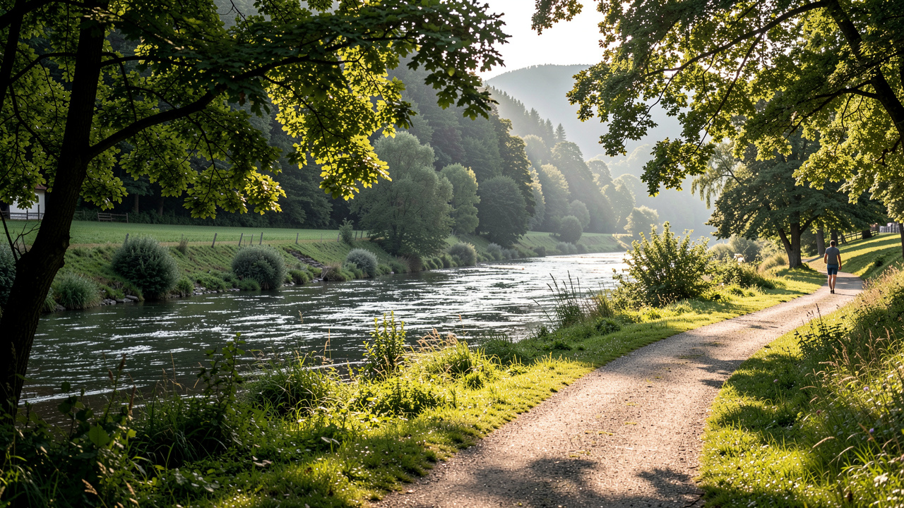 Zondagochtend in het Fuldadal bij Eichenzell: een smal pad langs de rivier de Fulda, laag zonlicht door het bladerdak, een wandelaar op de achtergrond, groothoekbeeld vanaf de oever.