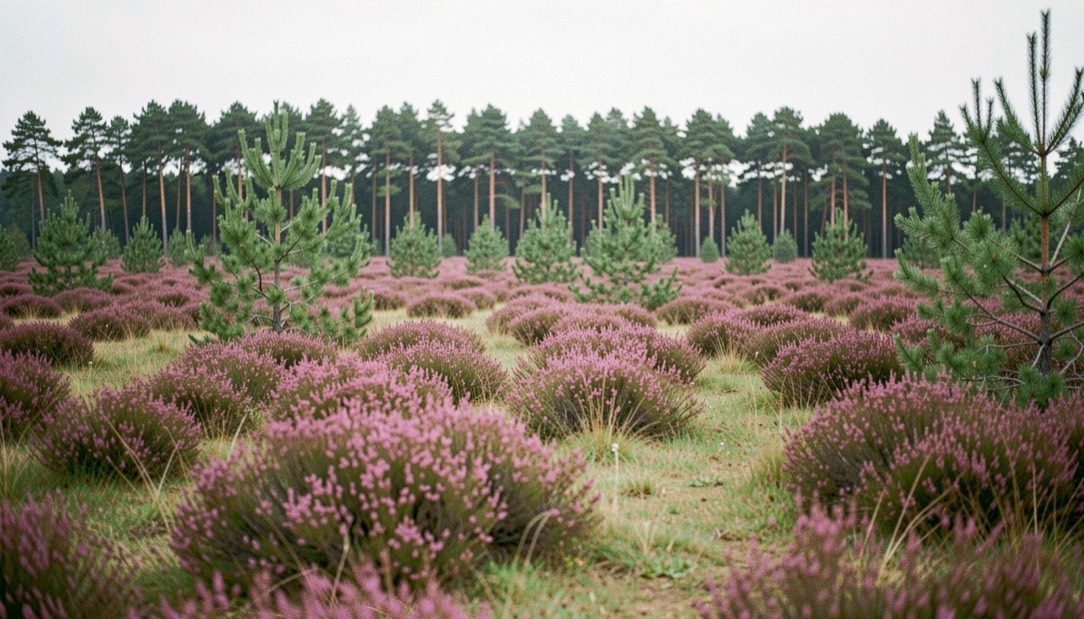 Uitgestrekt heideveld op de Veluwe met paars bloeiende struikheide, verspreide jeneverbesstruiken en een rij dennen op de achtergrond.