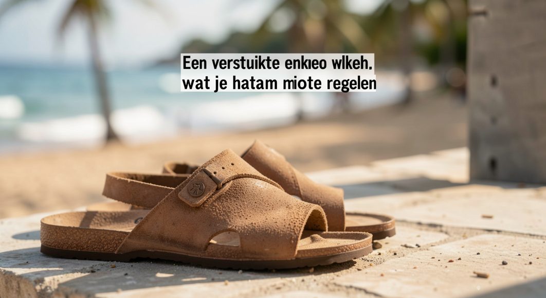 Hoge wandelschoen op een zandpad met losse stenen en een boomwortel dwars over het pad, in laag middaglicht.