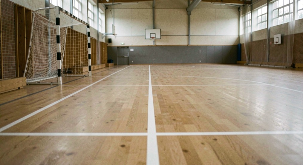 Leeg handbalveld in een gemeentelijke sporthal, gezien vanaf de zijlijn, met de witte belijning van het doelgebied en de middellijn op een lichte houten vloer.
